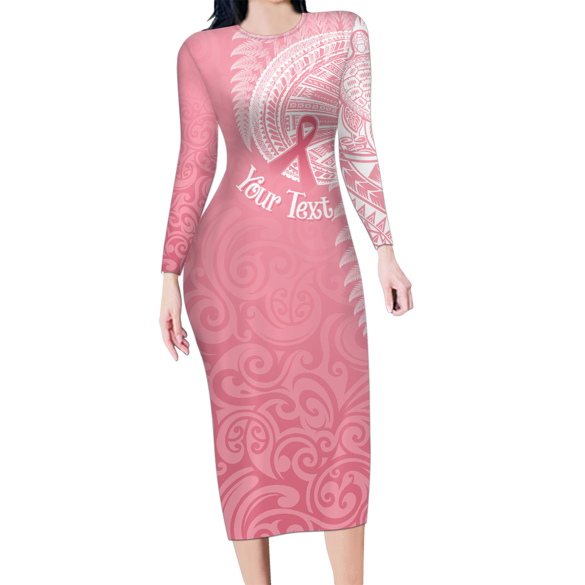 Personalised New Zealand Family Matching Long Sleeve Bodycon Dress and Hawaiian Shirt Pink Ribbon Tattoo Mix Silver Fern LT7 Mom's Dress Pink - Polynesian Pride