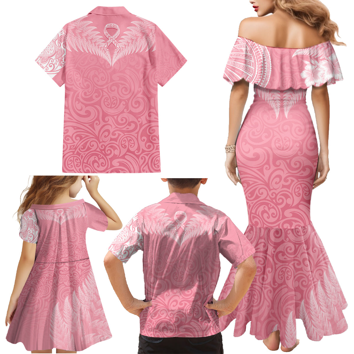 Personalised New Zealand Family Matching Mermaid Dress and Hawaiian Shirt Pink Ribbon Tattoo Mix Silver Fern LT7 - Polynesian Pride