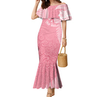 Personalised New Zealand Family Matching Mermaid Dress and Hawaiian Shirt Pink Ribbon Tattoo Mix Silver Fern LT7 Mom's Dress Pink - Polynesian Pride