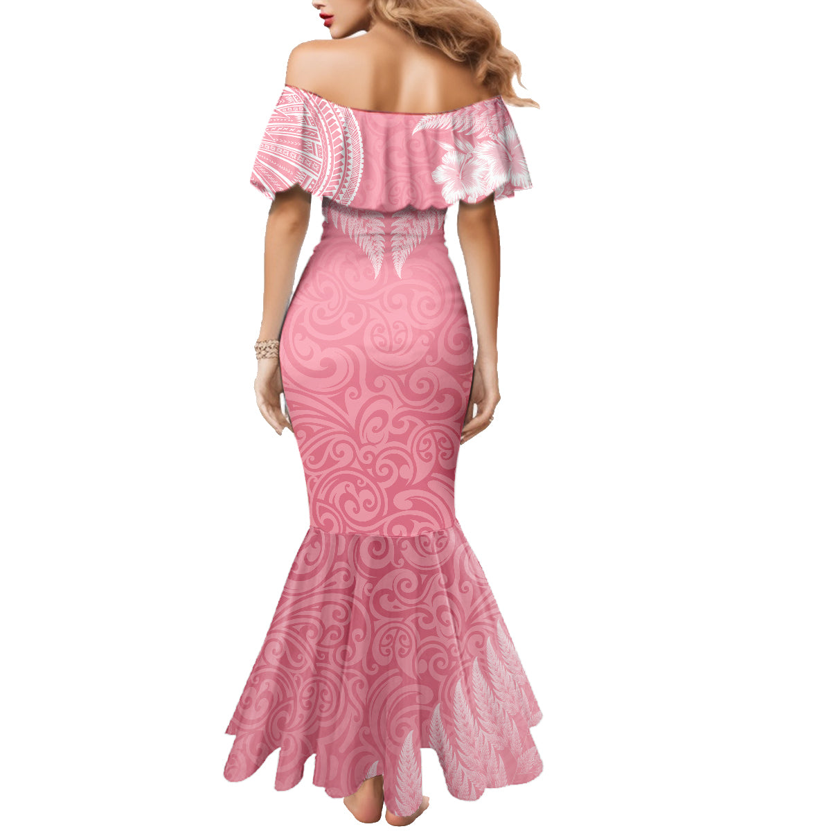 Personalised New Zealand Family Matching Mermaid Dress and Hawaiian Shirt Pink Ribbon Tattoo Mix Silver Fern LT7 - Polynesian Pride
