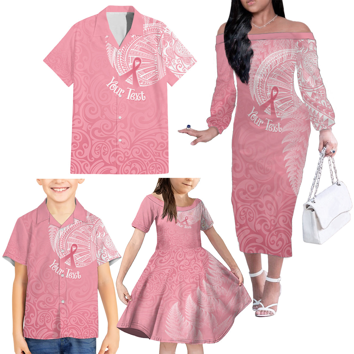 Personalised New Zealand Family Matching Off Shoulder Long Sleeve Dress and Hawaiian Shirt Pink Ribbon Tattoo Mix Silver Fern LT7 - Polynesian Pride