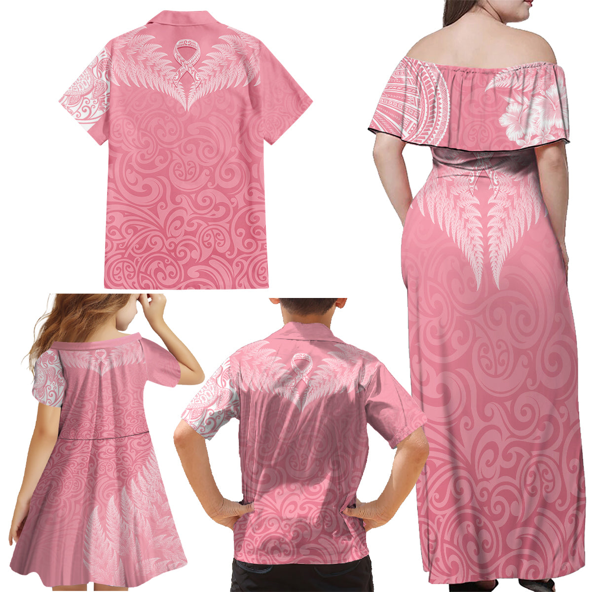 Personalised New Zealand Family Matching Off Shoulder Maxi Dress and Hawaiian Shirt Pink Ribbon Tattoo Mix Silver Fern LT7 - Polynesian Pride