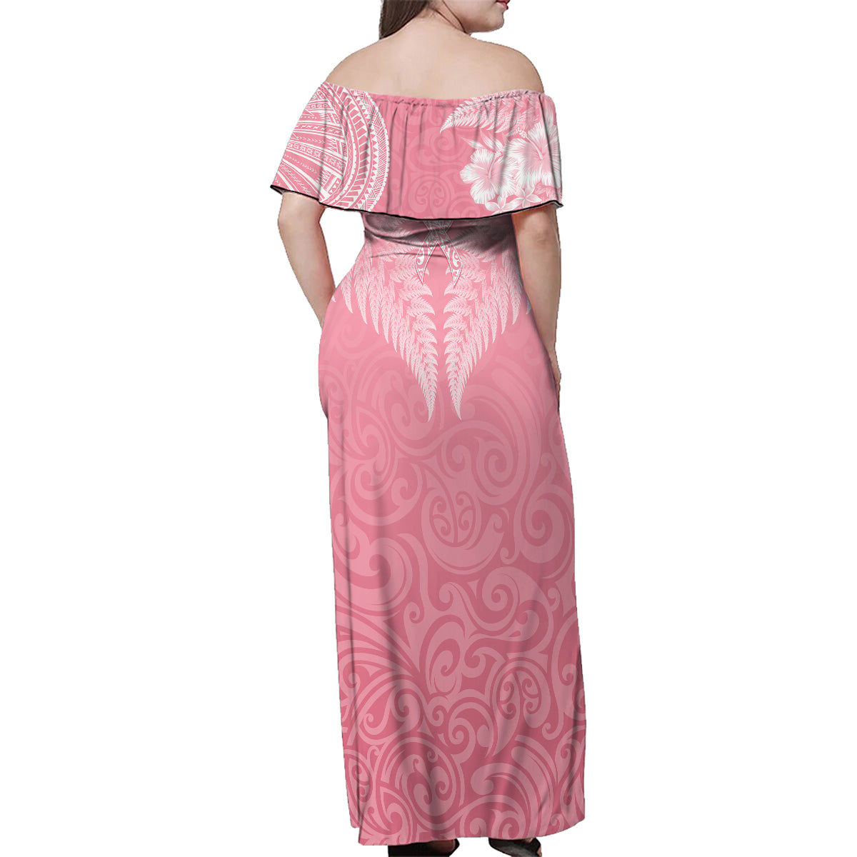Personalised New Zealand Family Matching Off Shoulder Maxi Dress and Hawaiian Shirt Pink Ribbon Tattoo Mix Silver Fern LT7 - Polynesian Pride