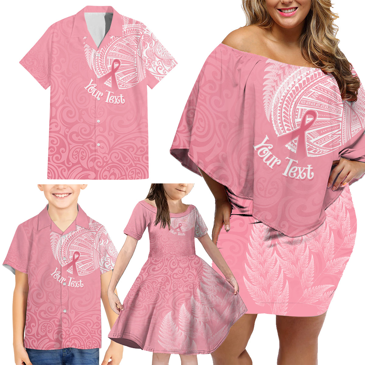 Personalised New Zealand Family Matching Off Shoulder Short Dress and Hawaiian Shirt Pink Ribbon Tattoo Mix Silver Fern LT7 - Polynesian Pride