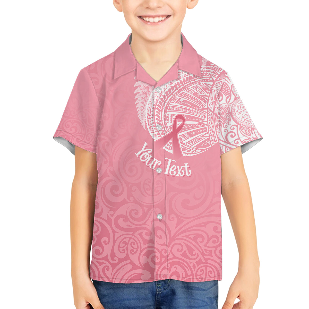 Personalised New Zealand Family Matching Off Shoulder Short Dress and Hawaiian Shirt Pink Ribbon Tattoo Mix Silver Fern LT7 Son's Shirt Pink - Polynesian Pride