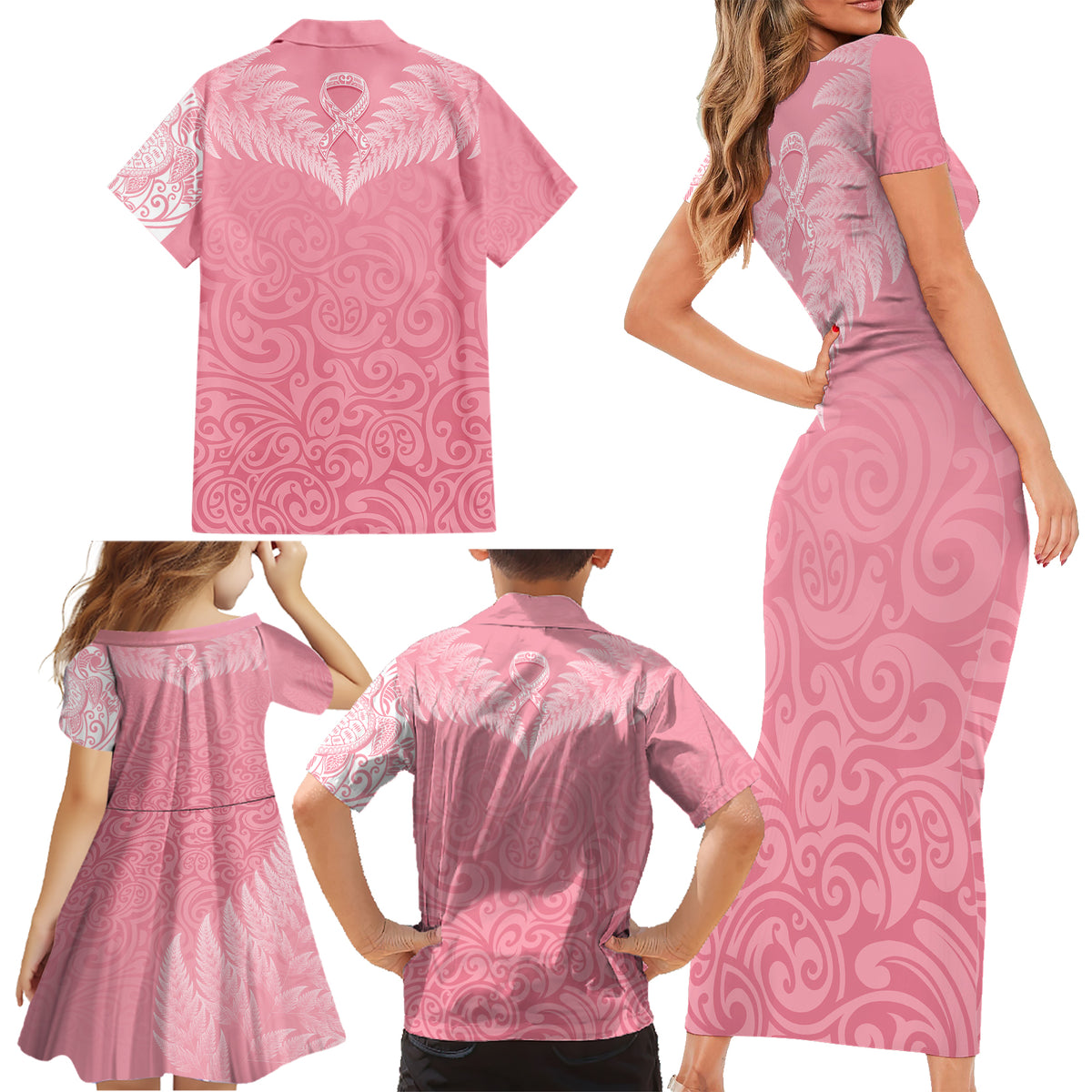 Personalised New Zealand Family Matching Short Sleeve Bodycon Dress and Hawaiian Shirt Pink Ribbon Tattoo Mix Silver Fern LT7 - Polynesian Pride