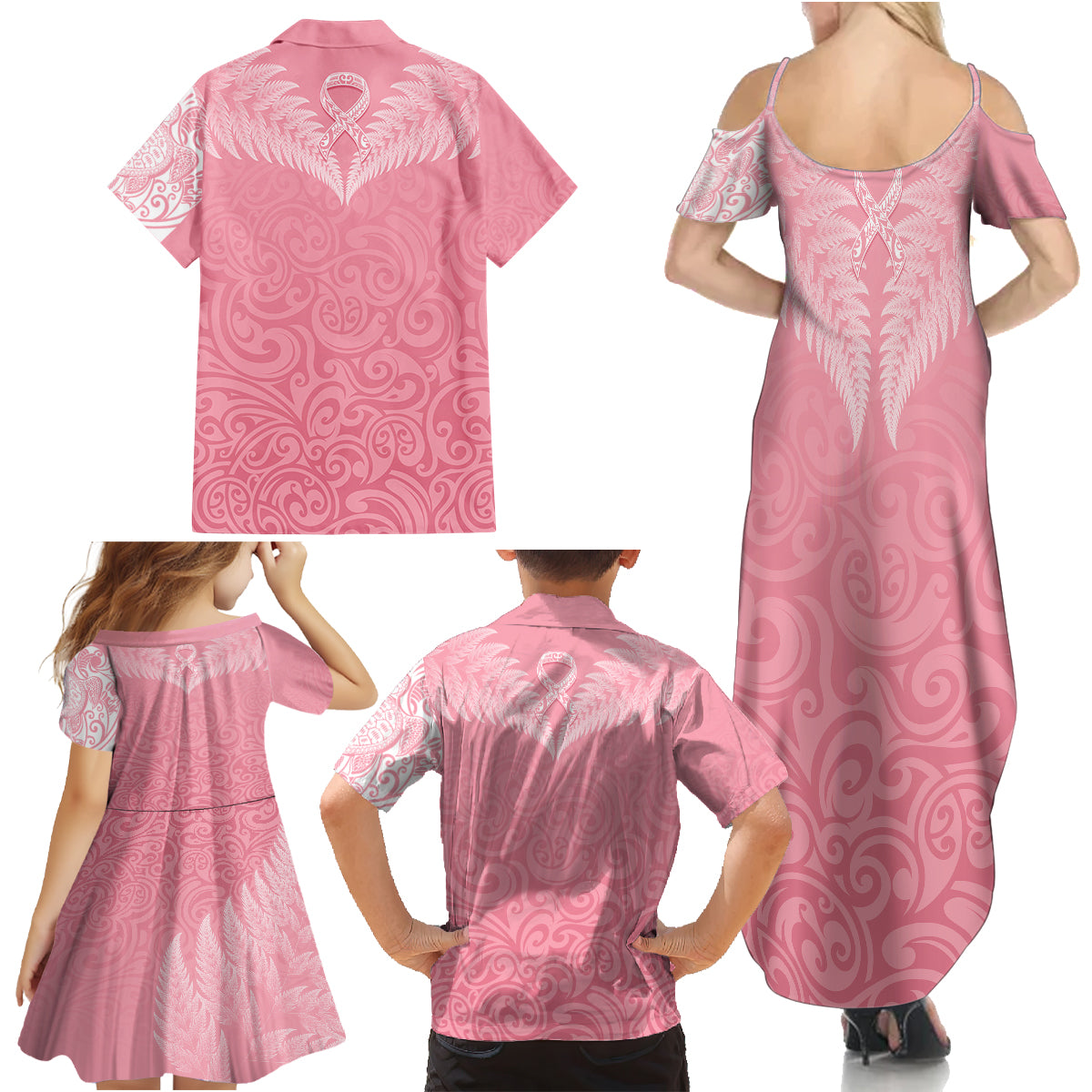 Personalised New Zealand Family Matching Summer Maxi Dress and Hawaiian Shirt Pink Ribbon Tattoo Mix Silver Fern LT7 - Polynesian Pride
