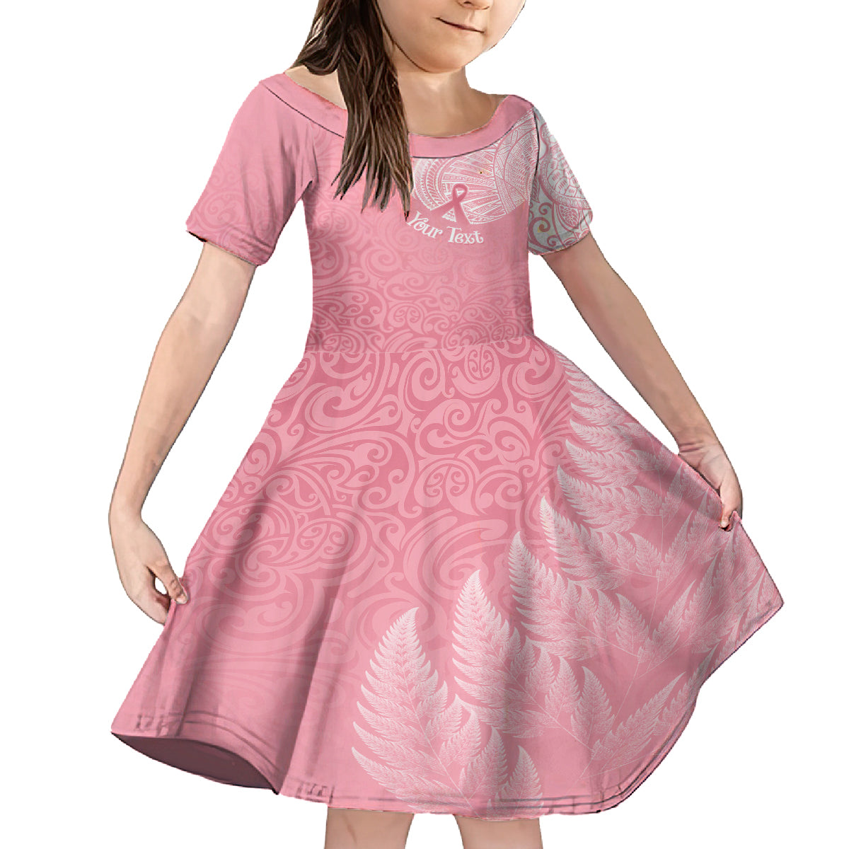Personalised New Zealand Kid Short Sleeve Dress Pink Ribbon Tattoo Mix Silver Fern LT7 KID Pink - Polynesian Pride