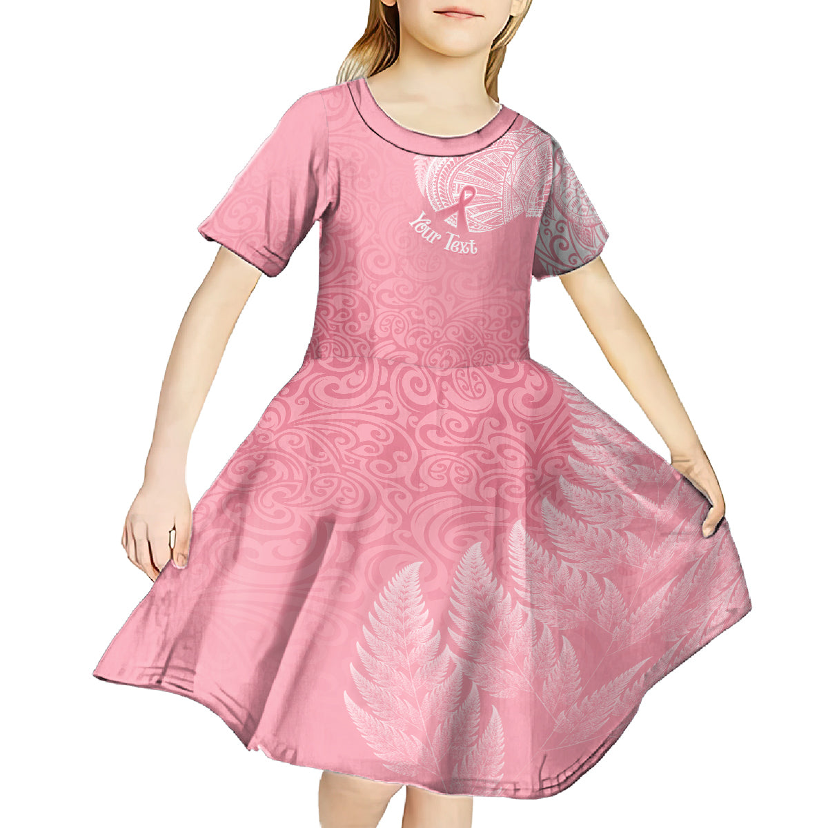 Personalised New Zealand Kid Short Sleeve Dress Pink Ribbon Tattoo Mix Silver Fern LT7 - Polynesian Pride