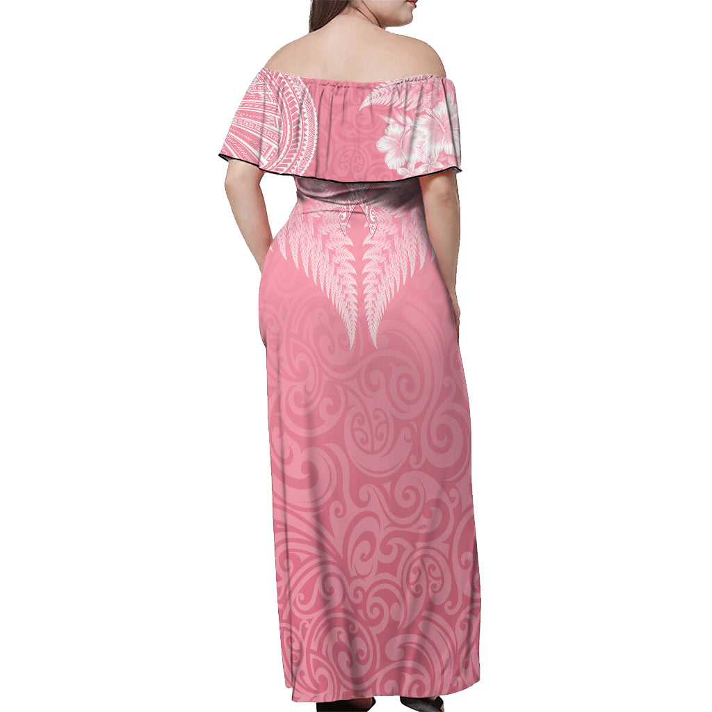 Personalised New Zealand Off Shoulder Maxi Dress Pink Ribbon Tattoo Mix Silver Fern LT7 - Polynesian Pride