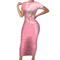 Personalised New Zealand Short Sleeve Bodycon Dress Pink Ribbon Tattoo Mix Silver Fern LT7 Long Dress Pink - Polynesian Pride