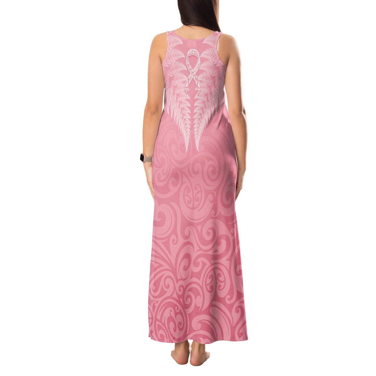 Personalised New Zealand Tank Maxi Dress Pink Ribbon Tattoo Mix Silver Fern LT7 - Polynesian Pride