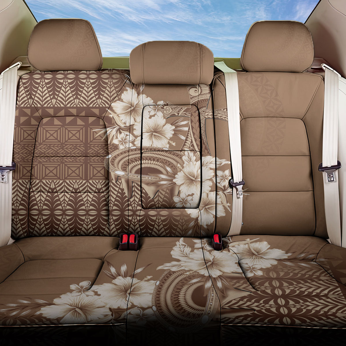 Tonga Ngatu Kupesi Brown Tapa Back Car Seat Cover Koe Otua Mo Tonga Ko Hoku Tofia LT7 One Size Mocha - Polynesian Pride