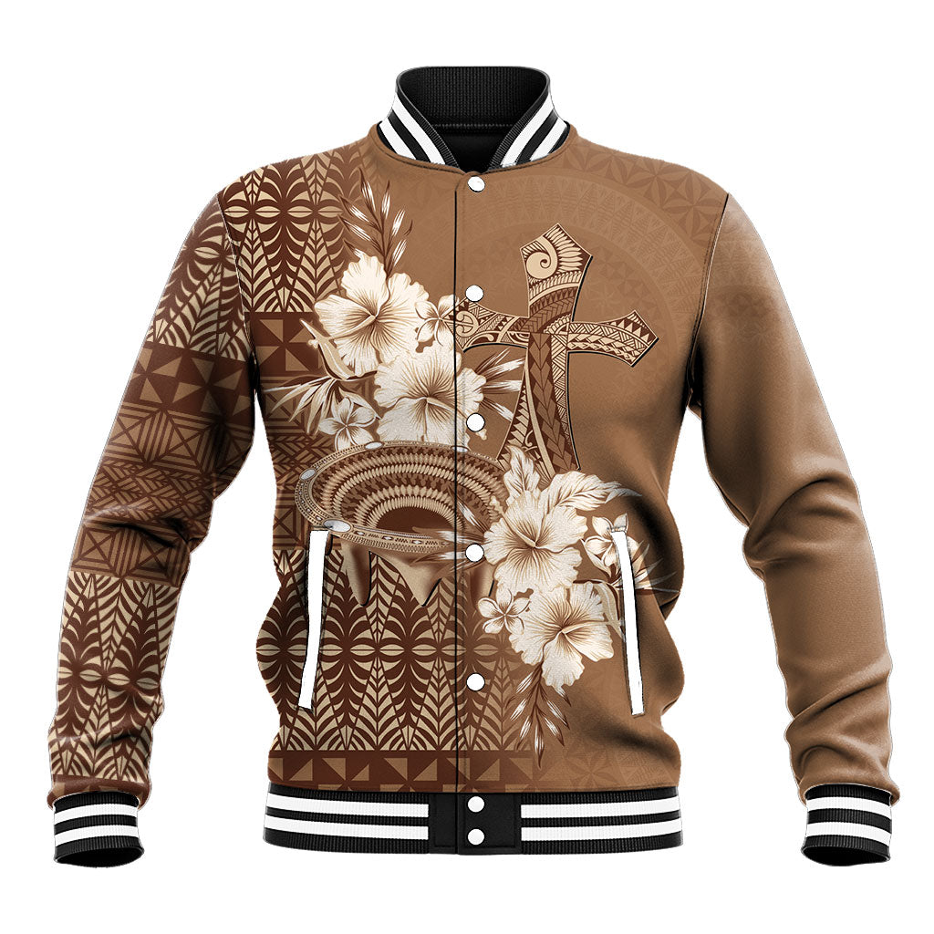 Tonga Ngatu Kupesi Brown Tapa Baseball Jacket Koe Otua Mo Tonga Ko Hoku Tofia LT7 Unisex Mocha - Polynesian Pride