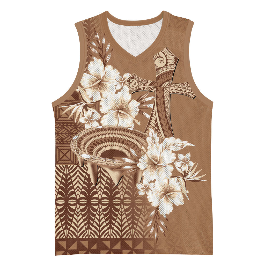 Tonga Ngatu Kupesi Brown Tapa Basketball Jersey Koe Otua Mo Tonga Ko Hoku Tofia LT7 Unisex Mocha - Polynesian Pride