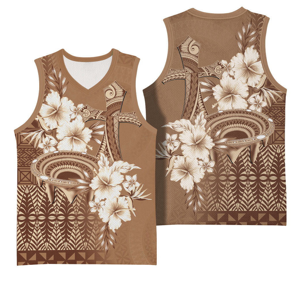 Tonga Ngatu Kupesi Brown Tapa Basketball Jersey Koe Otua Mo Tonga Ko Hoku Tofia LT7 - Polynesian Pride