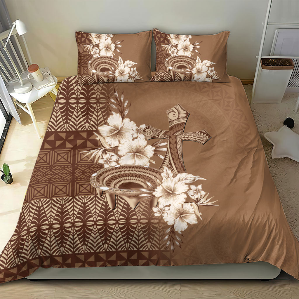 Tonga Ngatu Kupesi Brown Tapa Bedding Set Koe Otua Mo Tonga Ko Hoku Tofia
