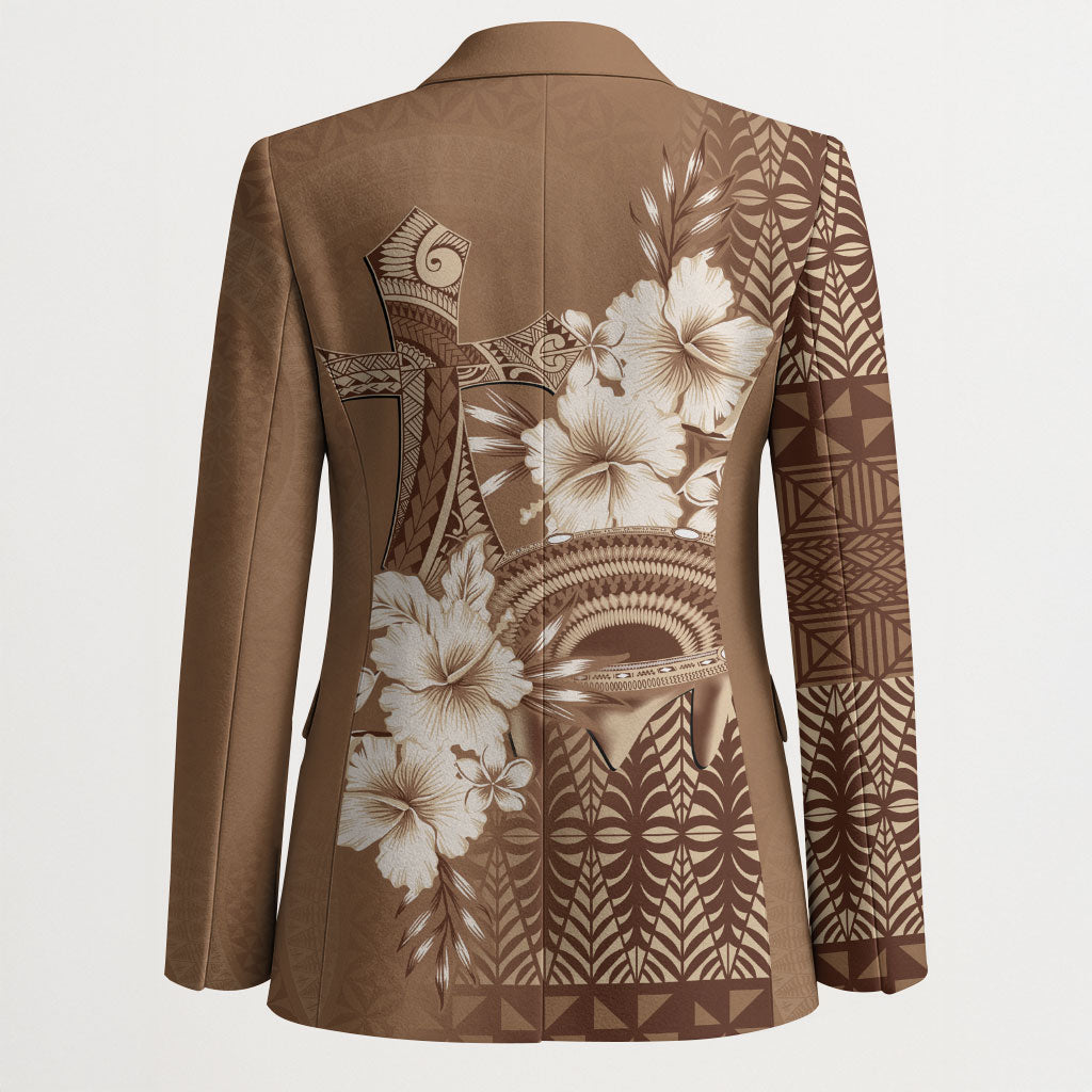 Tonga Ngatu Kupesi Brown Tapa Blazer Koe Otua Mo Tonga Ko Hoku Tofia LT7 - Polynesian Pride