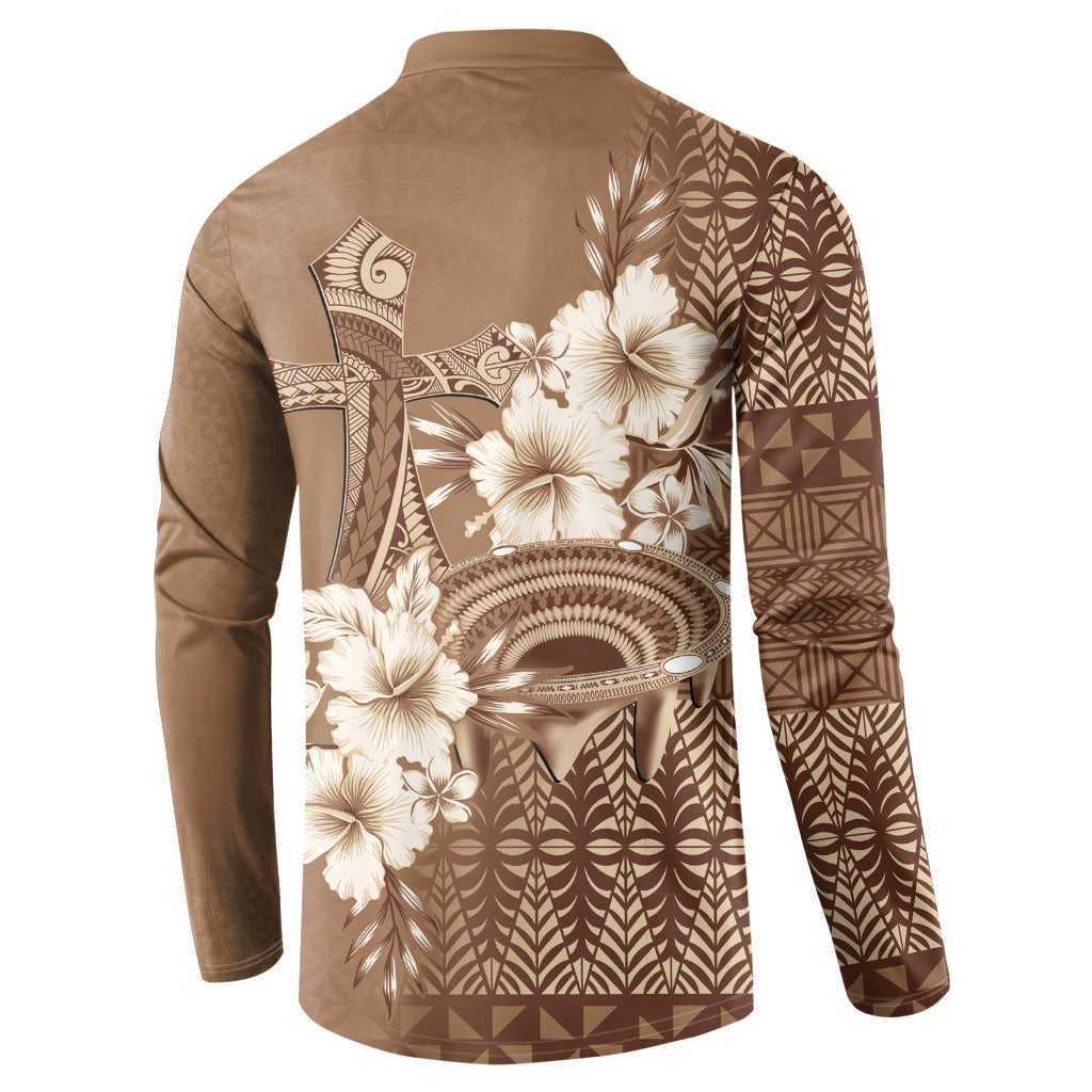 Tonga Ngatu Kupesi Brown Tapa Button Sweatshirt Koe Otua Mo Tonga Ko Hoku Tofia LT7 - Polynesian Pride