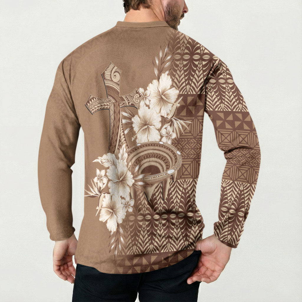 Tonga Ngatu Kupesi Brown Tapa Button Sweatshirt Koe Otua Mo Tonga Ko Hoku Tofia LT7 - Polynesian Pride