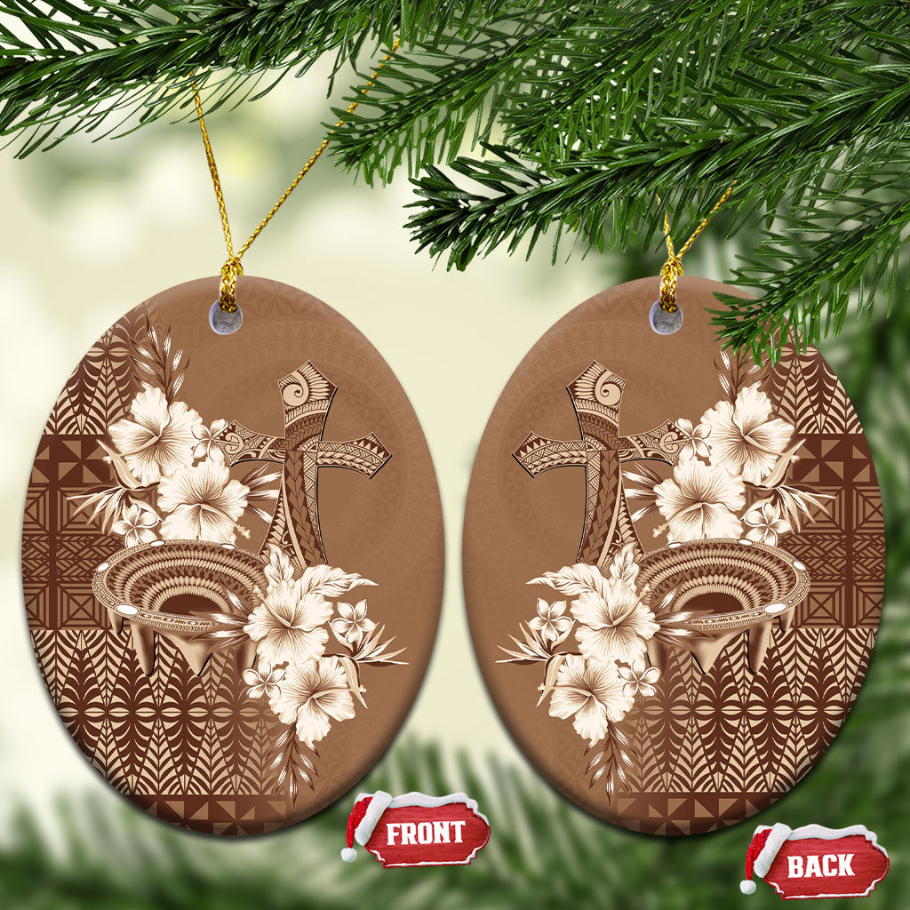 Tonga Ngatu Kupesi Brown Tapa Ceramic Ornament Koe Otua Mo Tonga Ko Hoku Tofia