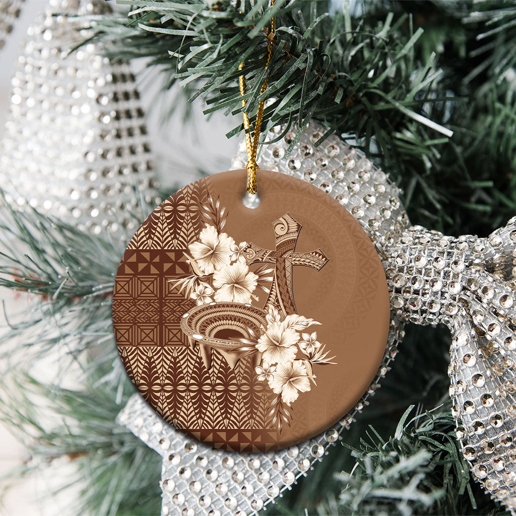 Tonga Ngatu Kupesi Brown Tapa Ceramic Ornament Koe Otua Mo Tonga Ko Hoku Tofia