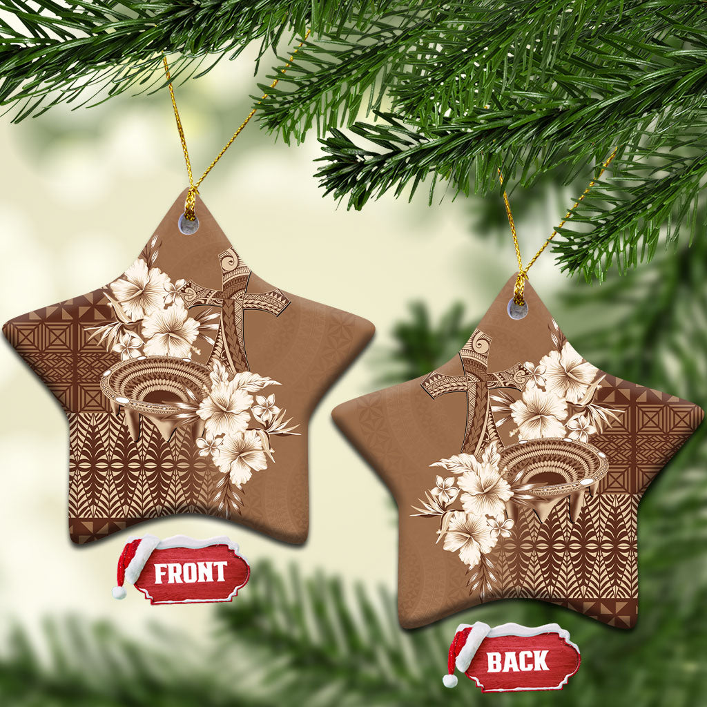 Tonga Ngatu Kupesi Brown Tapa Ceramic Ornament Koe Otua Mo Tonga Ko Hoku Tofia