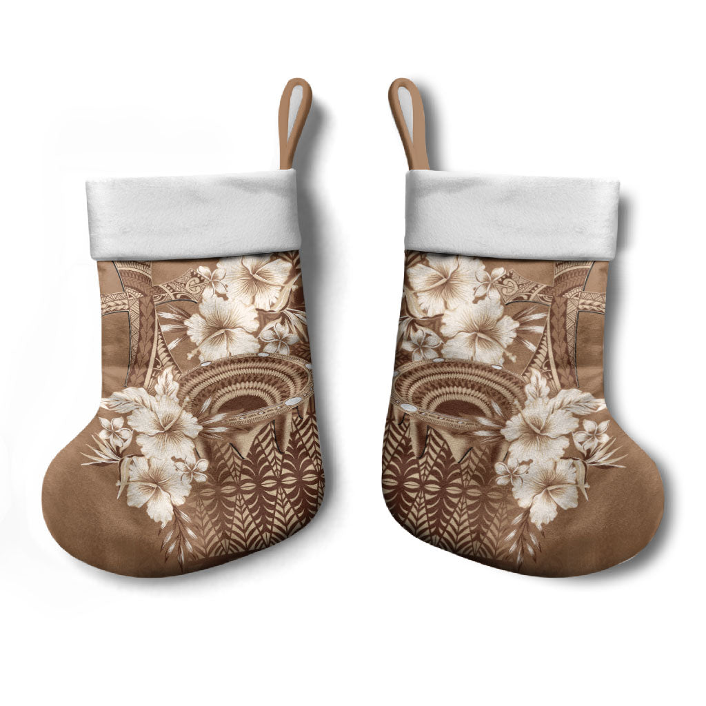 Tonga Ngatu Kupesi Brown Tapa Christmas Stocking Koe Otua Mo Tonga Ko Hoku Tofia LT7 - Polynesian Pride