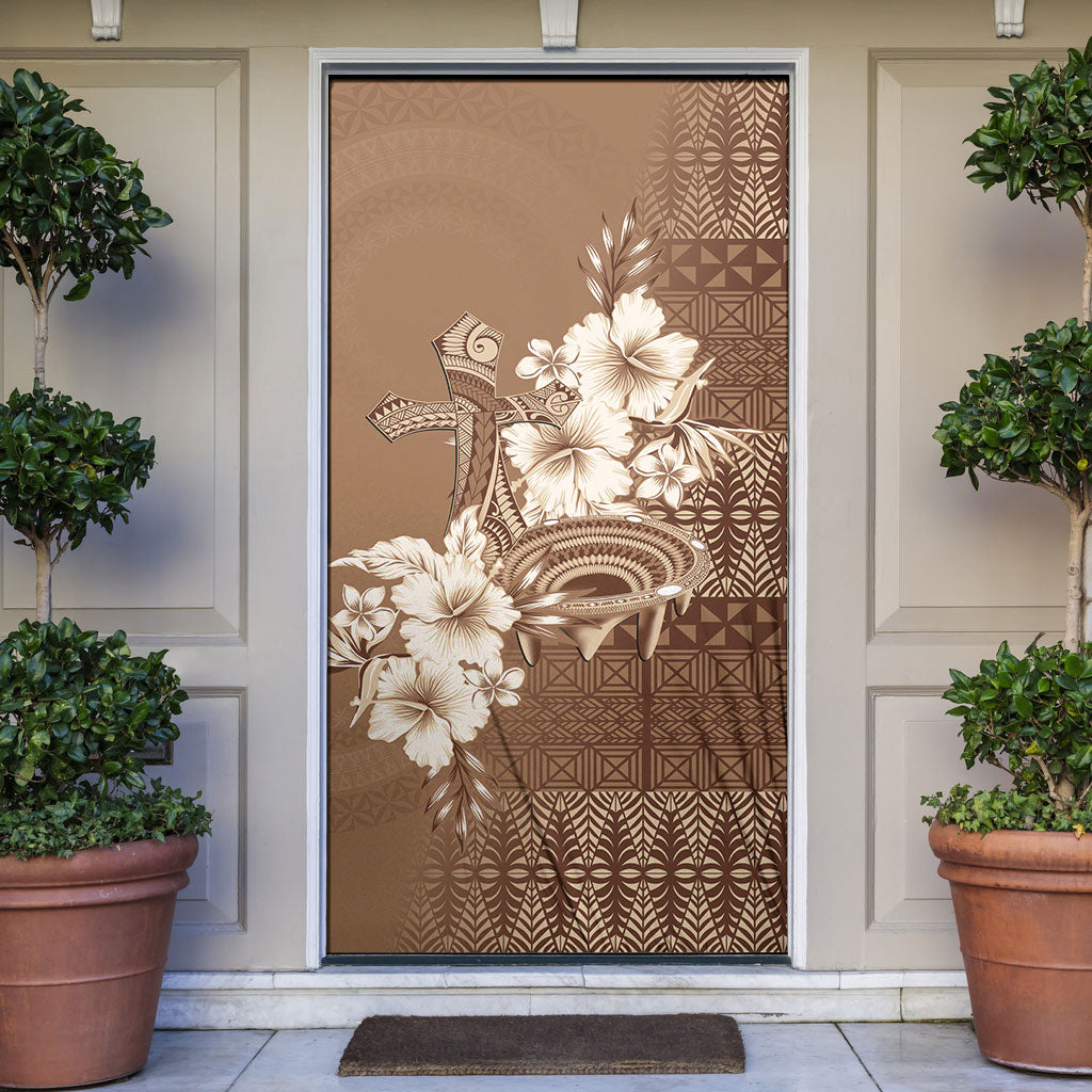 Tonga Ngatu Kupesi Brown Tapa Door Cover Koe Otua Mo Tonga Ko Hoku Tofia LT7 Mocha - Polynesian Pride