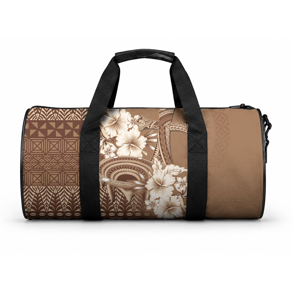 Tonga Ngatu Kupesi Brown Tapa Duffle Bag Koe Otua Mo Tonga Ko Hoku Tofia LT7 One size Mocha - Polynesian Pride