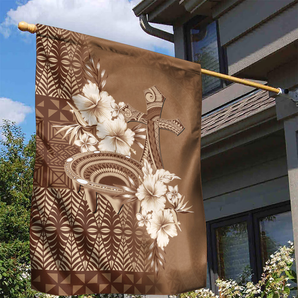 Tonga Ngatu Kupesi Brown Tapa Garden Flag Koe Otua Mo Tonga Ko Hoku Tofia LT7 - Polynesian Pride