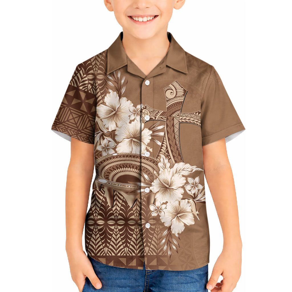 Tonga Ngatu Kupesi Brown Tapa Kid Hawaiian Shirt Koe Otua Mo Tonga Ko Hoku Tofia LT7 Kid Mocha - Polynesian Pride