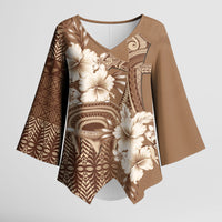 Tonga Ngatu Kupesi Brown Tapa Kimono Sleeve Blouse Koe Otua Mo Tonga Ko Hoku Tofia LT7 Female Mocha - Polynesian Pride