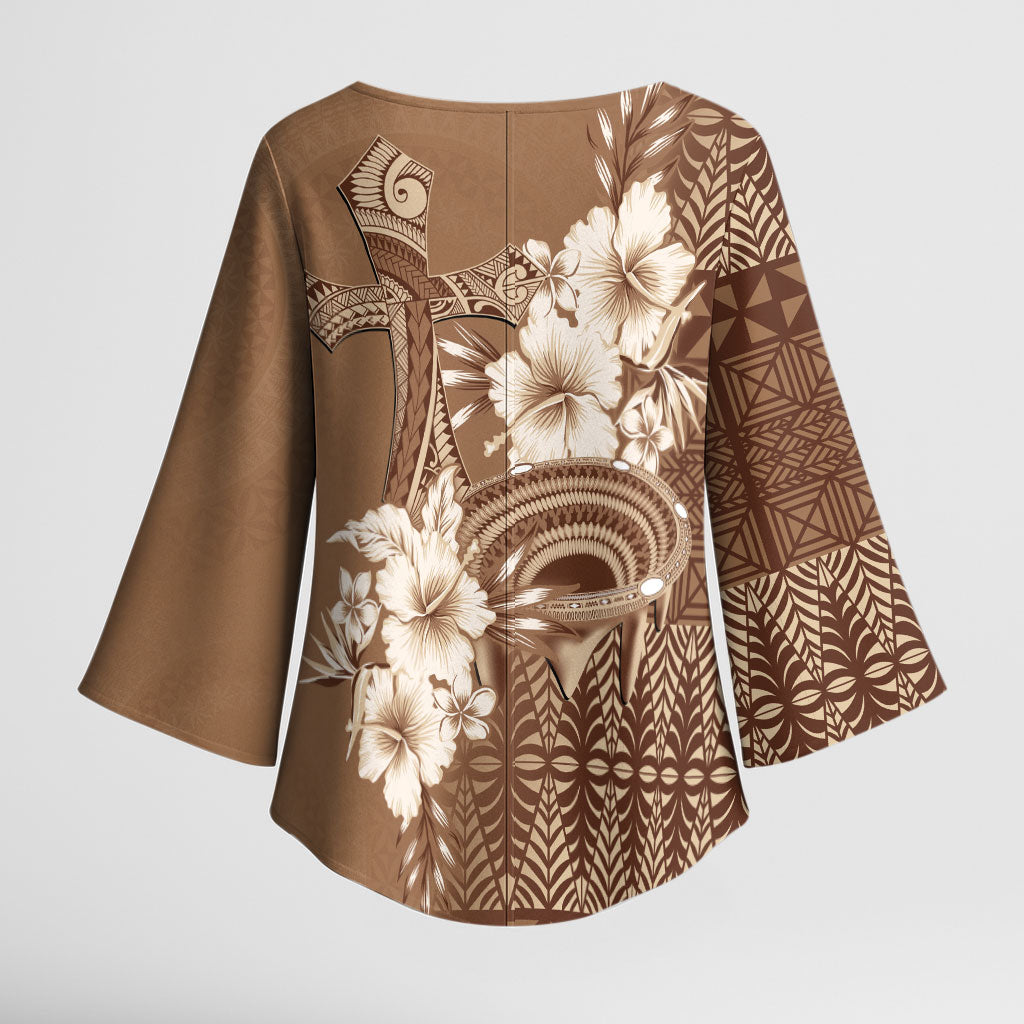 Tonga Ngatu Kupesi Brown Tapa Kimono Sleeve Blouse Koe Otua Mo Tonga Ko Hoku Tofia LT7 - Polynesian Pride