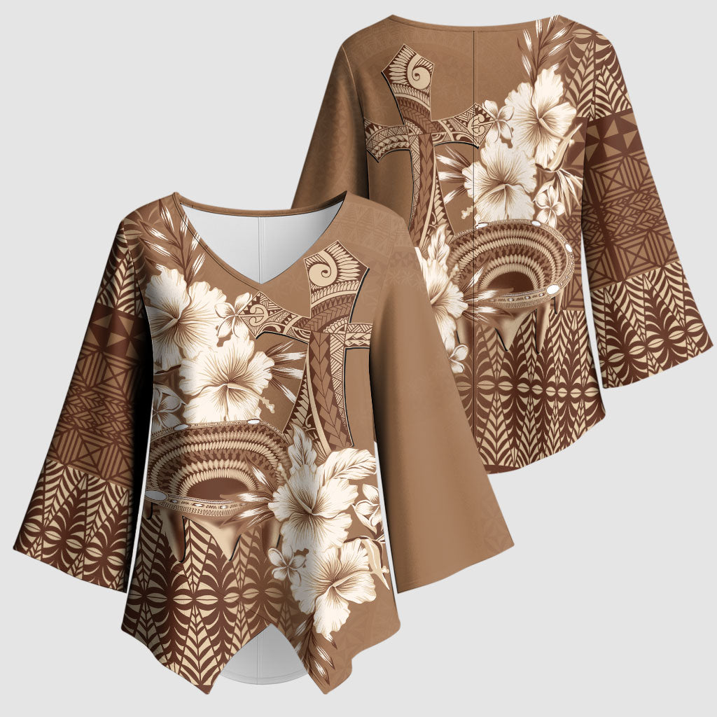 Tonga Ngatu Kupesi Brown Tapa Kimono Sleeve Blouse Koe Otua Mo Tonga Ko Hoku Tofia LT7 - Polynesian Pride