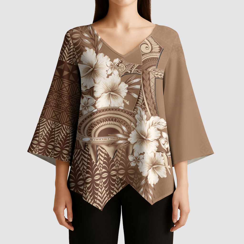 Tonga Ngatu Kupesi Brown Tapa Kimono Sleeve Blouse Koe Otua Mo Tonga Ko Hoku Tofia LT7 - Polynesian Pride