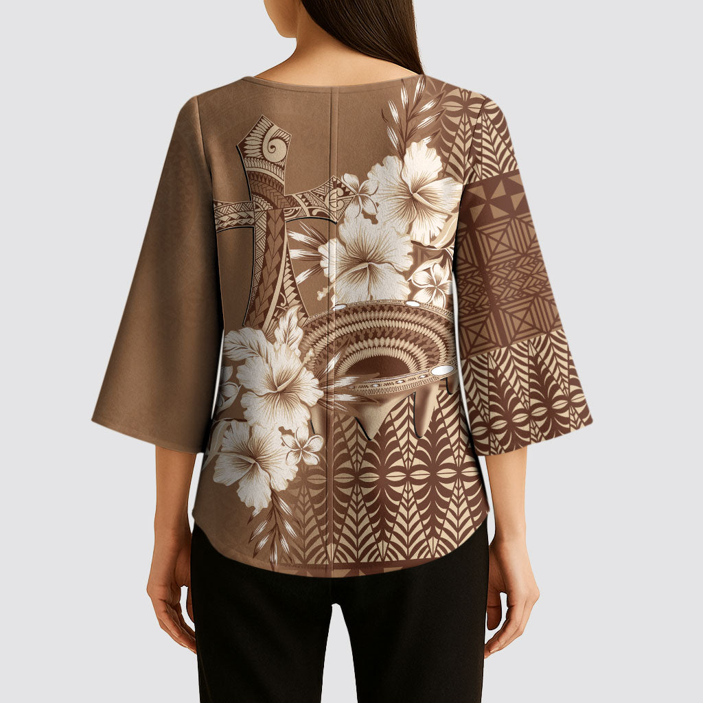Tonga Ngatu Kupesi Brown Tapa Kimono Sleeve Blouse Koe Otua Mo Tonga Ko Hoku Tofia LT7 - Polynesian Pride
