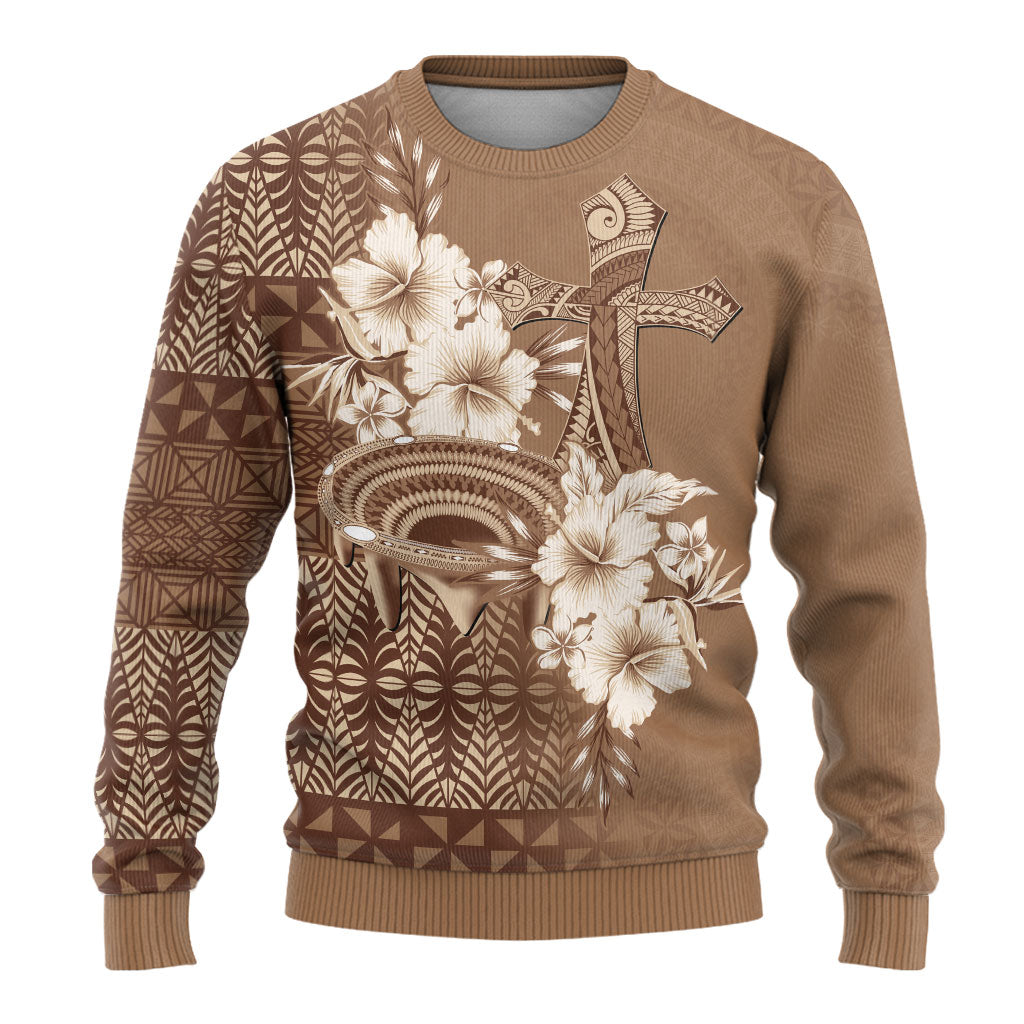 Tonga Ngatu Kupesi Brown Tapa Ugly Christmas Sweater Koe Otua Mo Tonga Ko Hoku Tofia LT7 - Polynesian Pride