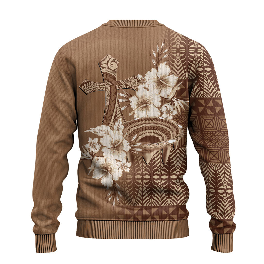 Tonga Ngatu Kupesi Brown Tapa Ugly Christmas Sweater Koe Otua Mo Tonga Ko Hoku Tofia LT7 - Polynesian Pride