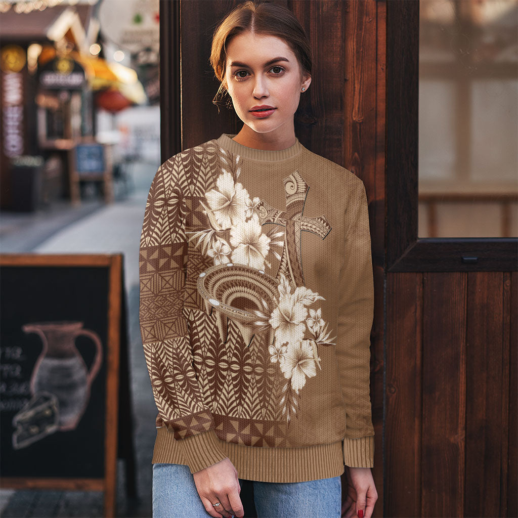 Tonga Ngatu Kupesi Brown Tapa Ugly Christmas Sweater Koe Otua Mo Tonga Ko Hoku Tofia LT7 - Polynesian Pride