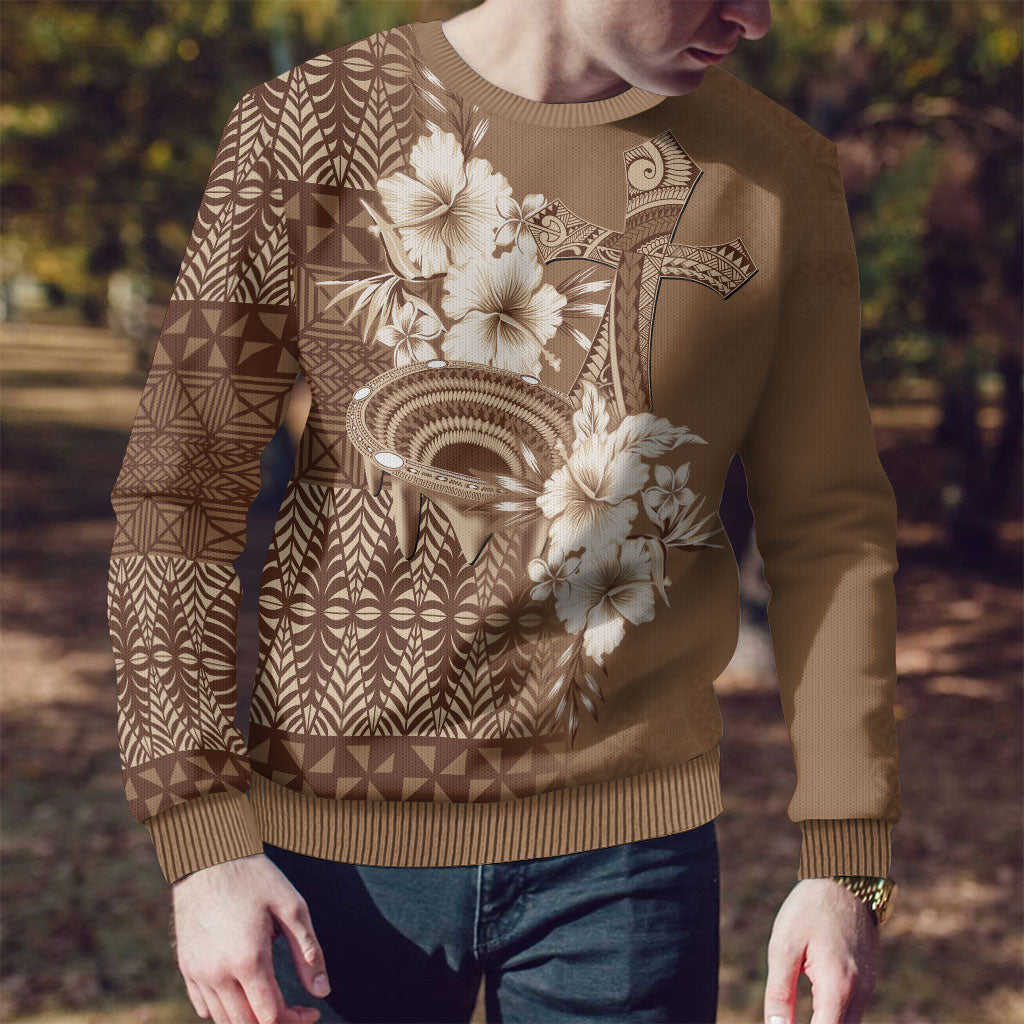 Tonga Ngatu Kupesi Brown Tapa Ugly Christmas Sweater Koe Otua Mo Tonga Ko Hoku Tofia LT7 - Polynesian Pride