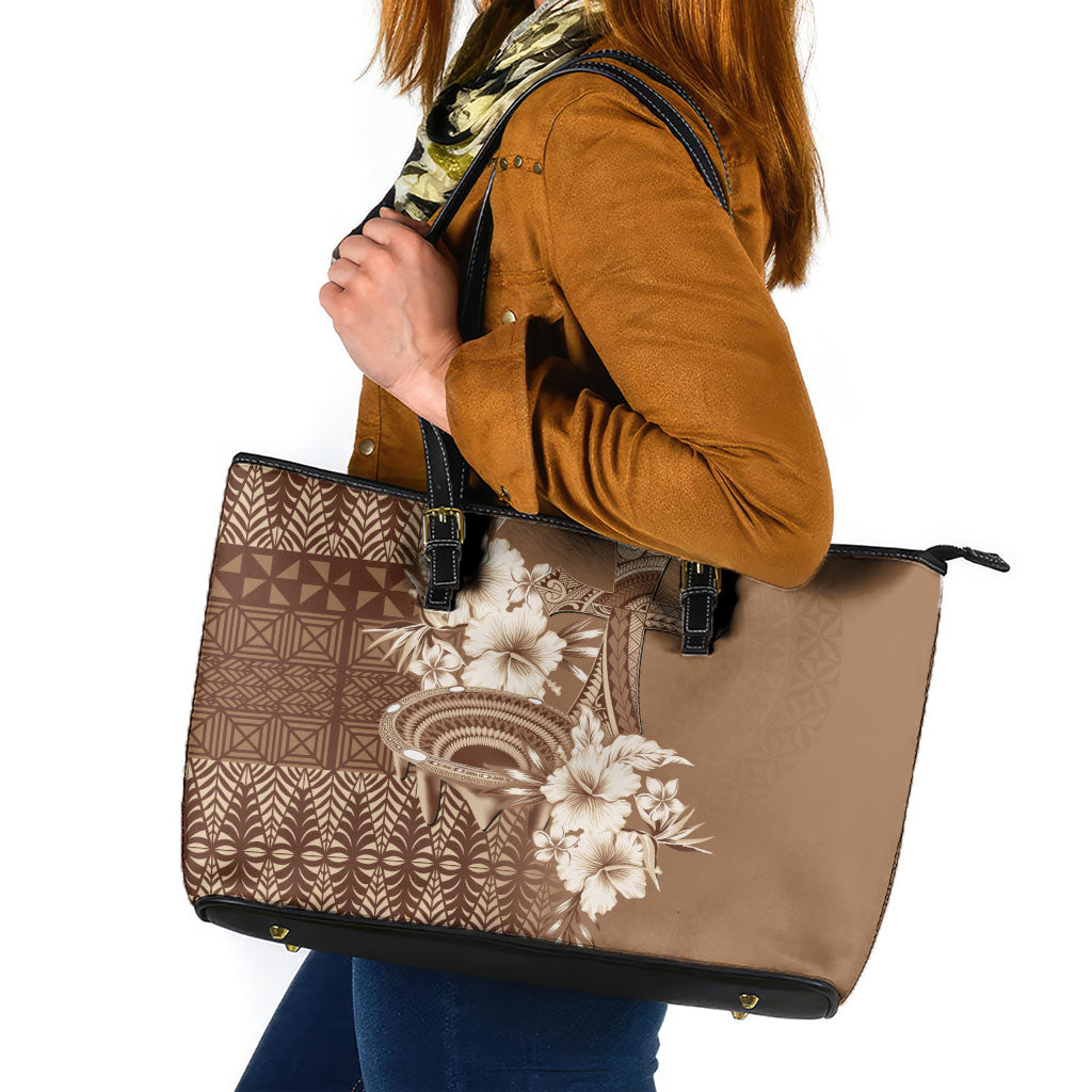 Tonga Ngatu Kupesi Brown Tapa Leather Tote Bag Koe Otua Mo Tonga Ko Hoku Tofia LT7 Mocha - Polynesian Pride