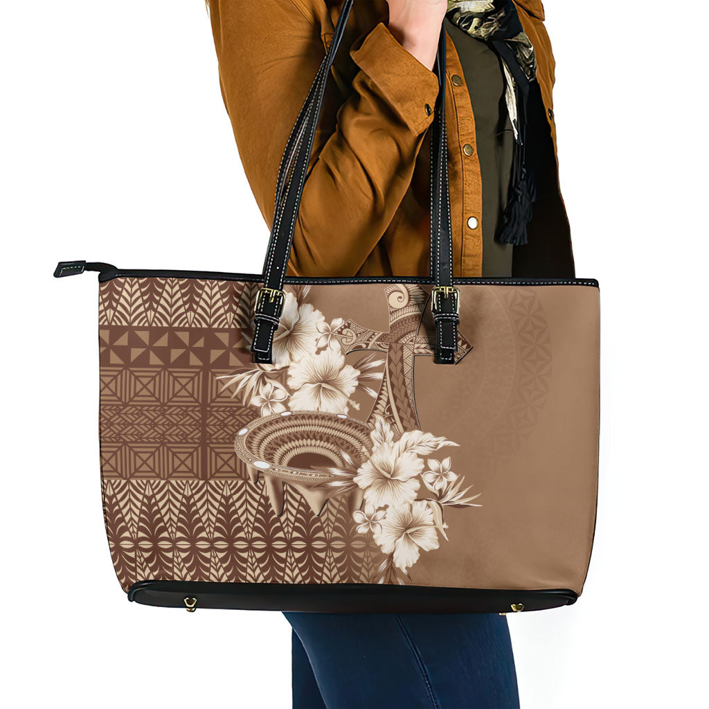 Tonga Ngatu Kupesi Brown Tapa Leather Tote Bag Koe Otua Mo Tonga Ko Hoku Tofia LT7 - Polynesian Pride