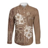 Tonga Ngatu Kupesi Brown Tapa Long Sleeve Button Shirt Koe Otua Mo Tonga Ko Hoku Tofia LT7 Unisex Mocha - Polynesian Pride