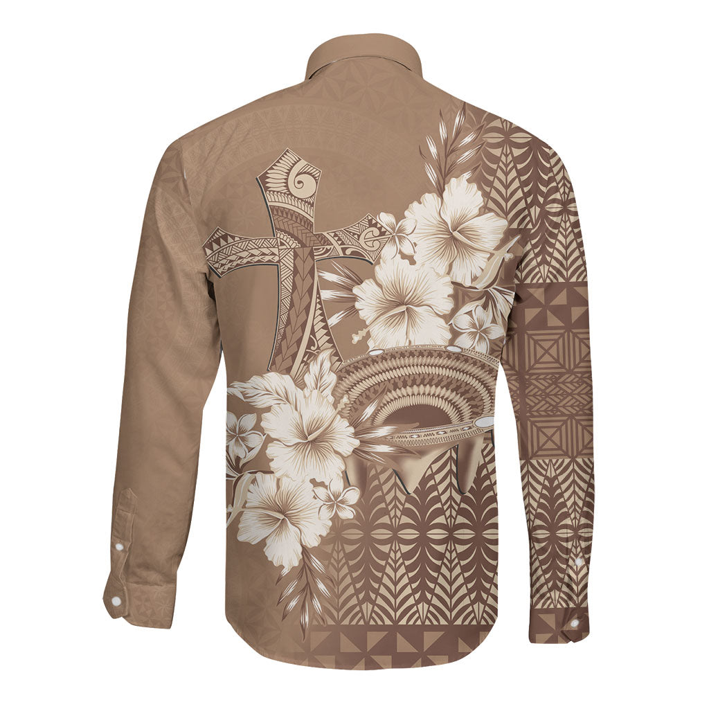 Tonga Ngatu Kupesi Brown Tapa Long Sleeve Button Shirt Koe Otua Mo Tonga Ko Hoku Tofia LT7 - Polynesian Pride