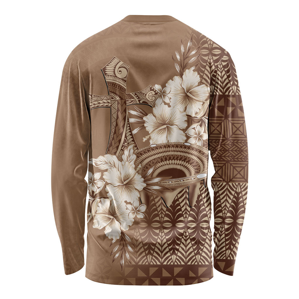 Tonga Ngatu Kupesi Brown Tapa Long Sleeve Shirt Koe Otua Mo Tonga Ko Hoku Tofia