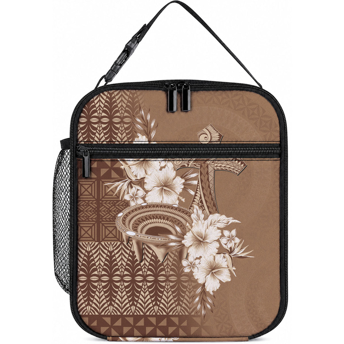 Tonga Ngatu Kupesi Brown Tapa Lunch Bag Koe Otua Mo Tonga Ko Hoku Tofia LT7 10.2 × 8.3 × 4.3 inch Mocha - Polynesian Pride