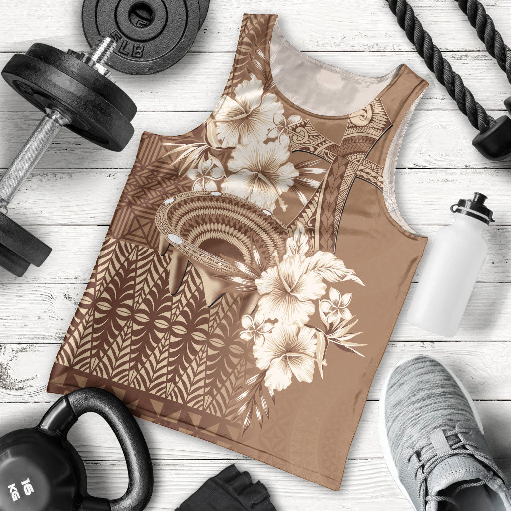 Tonga Ngatu Kupesi Brown Tapa Men Tank Top Koe Otua Mo Tonga Ko Hoku Tofia LT7 - Polynesian Pride