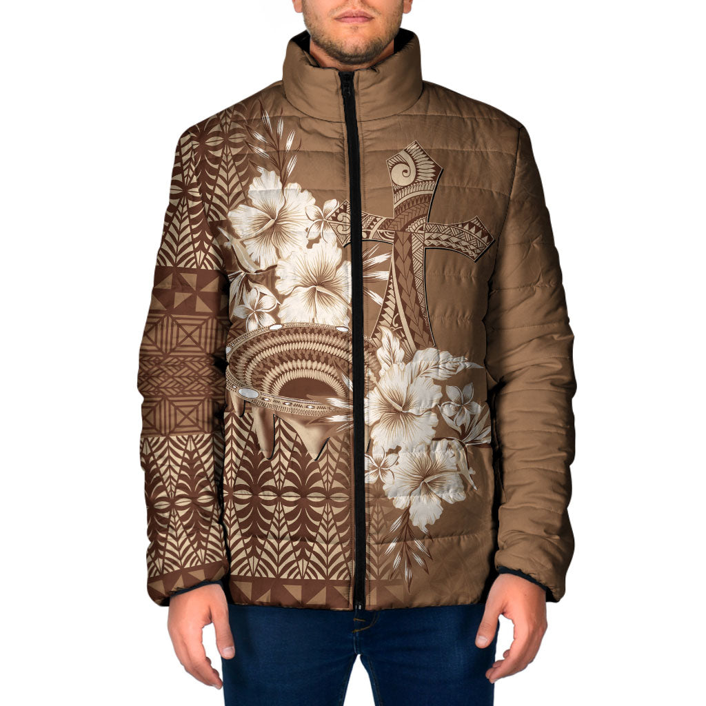 Tonga Ngatu Kupesi Brown Tapa Padded Jacket Koe Otua Mo Tonga Ko Hoku Tofia