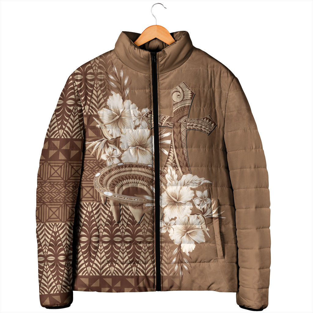 Tonga Ngatu Kupesi Brown Tapa Padded Jacket Koe Otua Mo Tonga Ko Hoku Tofia